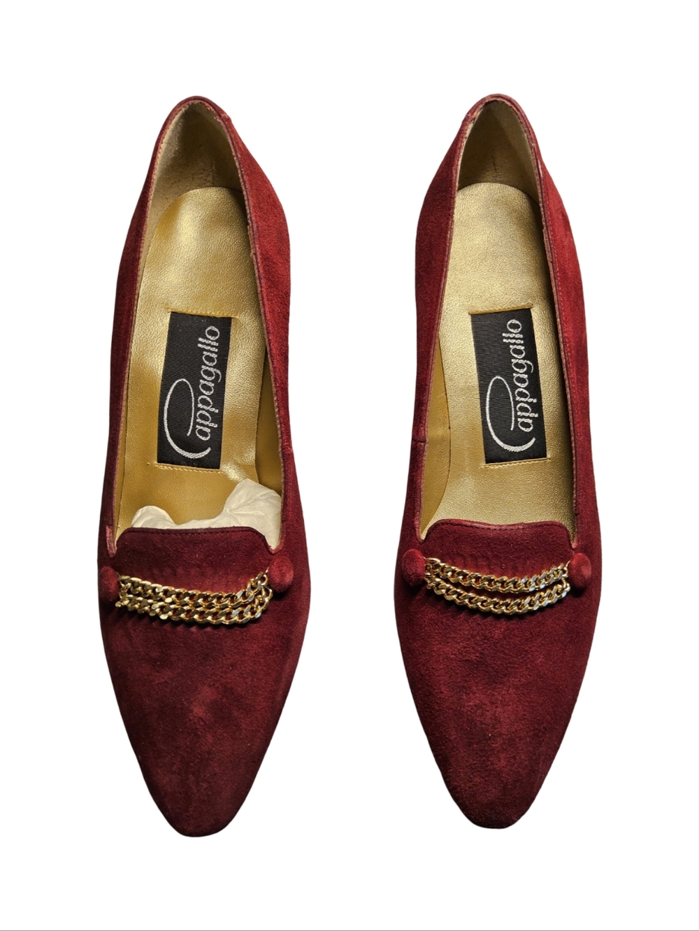 Preloved Size 6.5 Vintage Pappagallo Burgundy Suede heels with Gold Chain detail